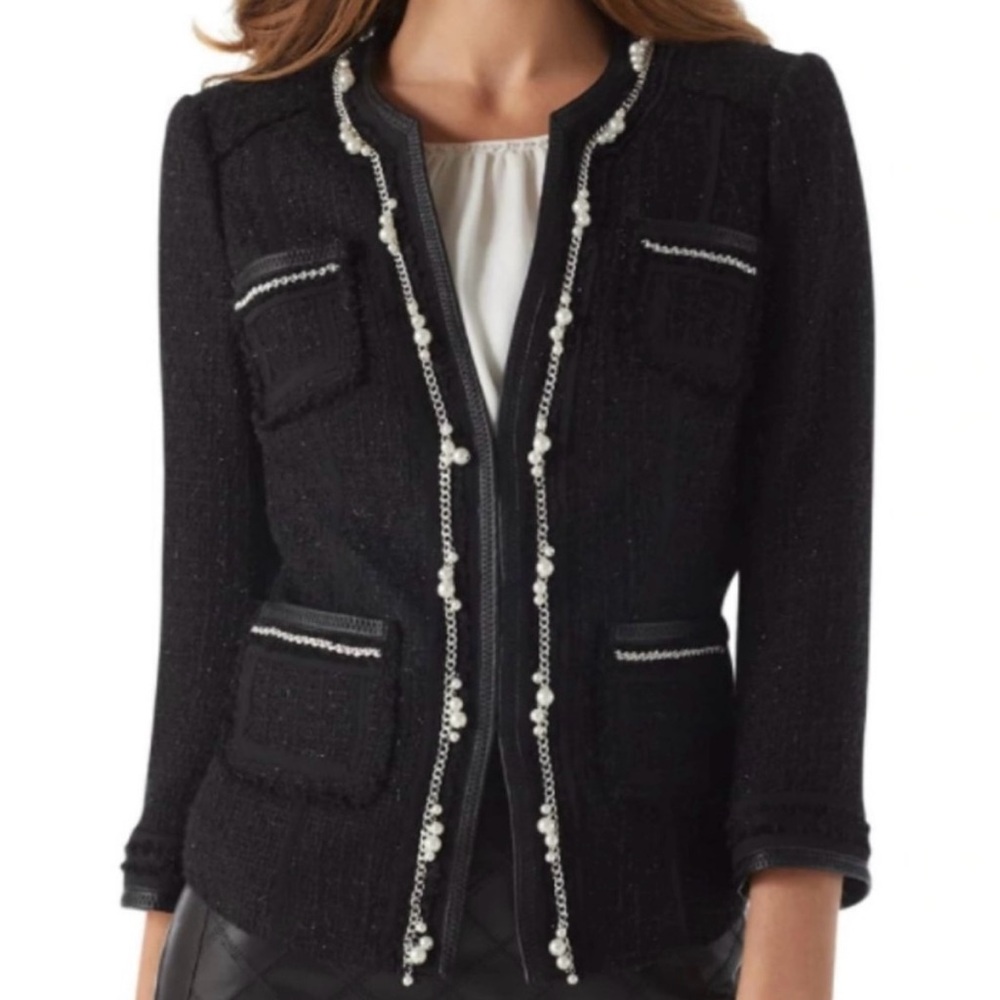 WHBM tweed black jacket with pearl, chain, leather accent size 4